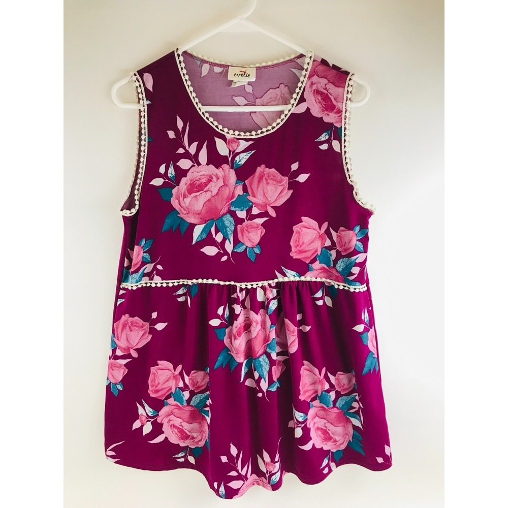 Evelie Shirt Women's XL Purple Pink Floral Sleeveless Crocheted Pompom Lace Trim